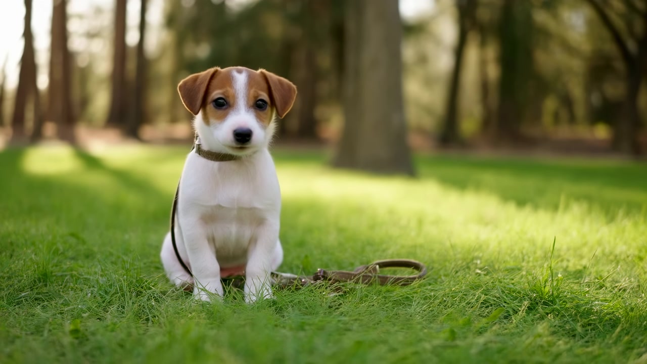 Cão jovem pequeno permanece sentado ao ar livre, mudando seu olhar de lado para a frente enquanto a luz quente atravessa o gramado e o foco raso mantém os troncos das árvores suavemente desfocados atrás dele