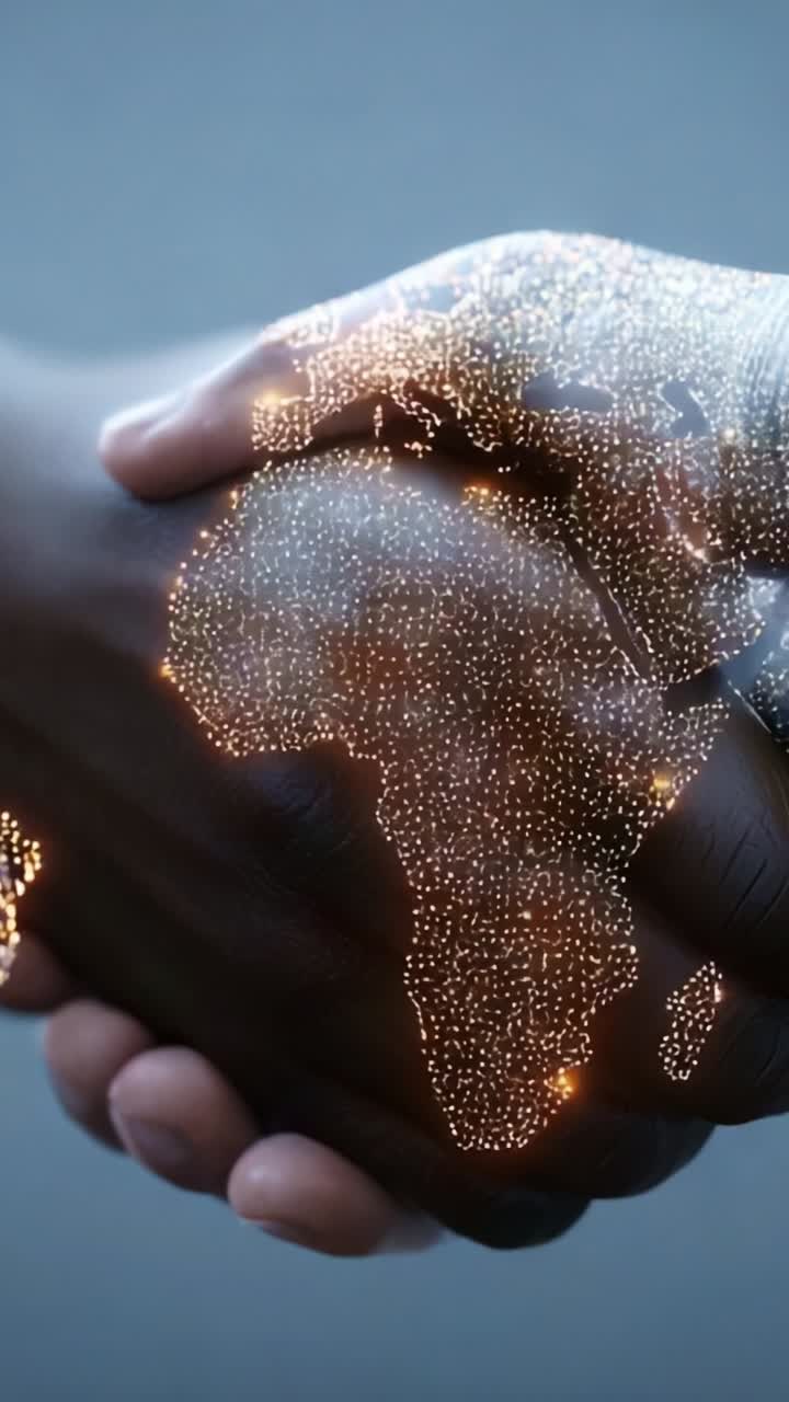 Symbolic Handshake Displaying Unity and Collaboration Through a Digital Map Overlay of Africa Signifying Global Connectivity and Cooperation
