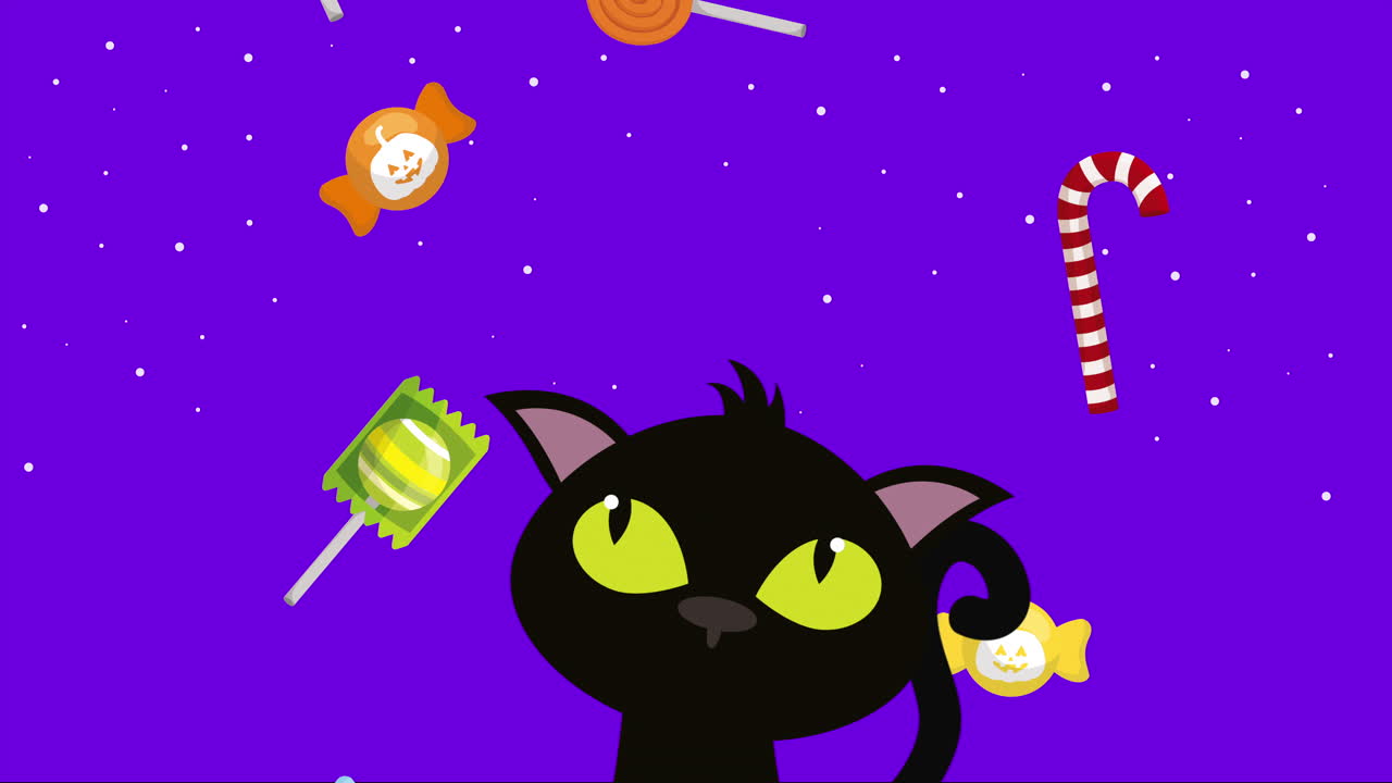 escena oscura de halloween con gato y dulces