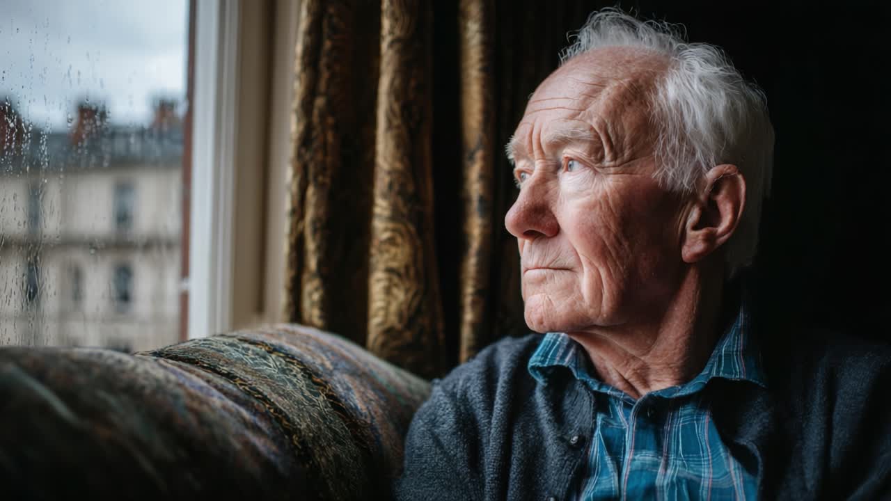 A Reflective Moment: An Elderly Man Watches the Rainfall Outside, Contemplating Life's Journey Through the Window's Glass