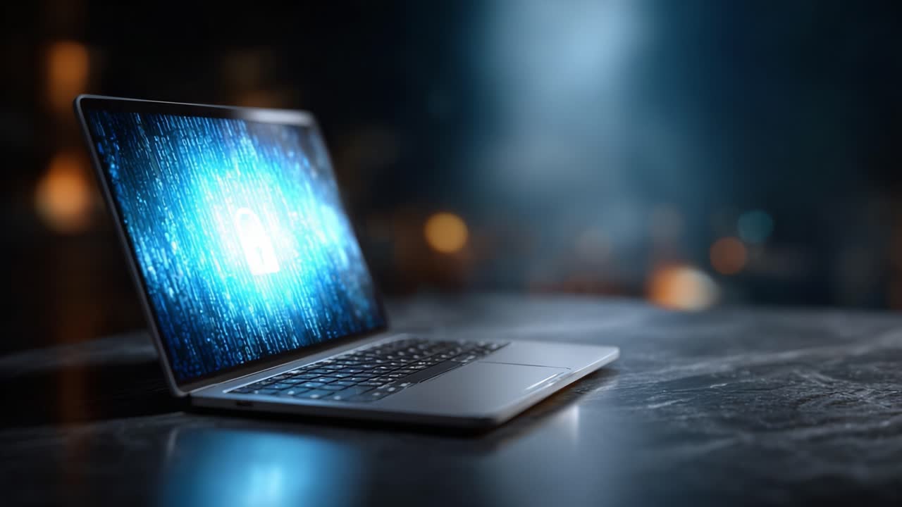 A sleek laptop with a glowing digital lock symbol on the screen, representing cybersecurity and data protection in a modern tech-driven environment
