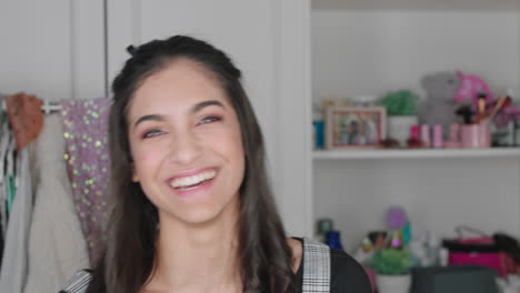 beautiful teenage girl vlogger filming makeup tutorial sharing beauty video enjoying social media influencer recording vlog at home