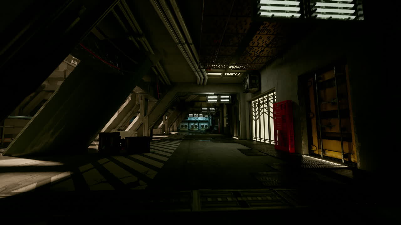 Abandoned ship corridor illuminated by neon and shadowy ambiance