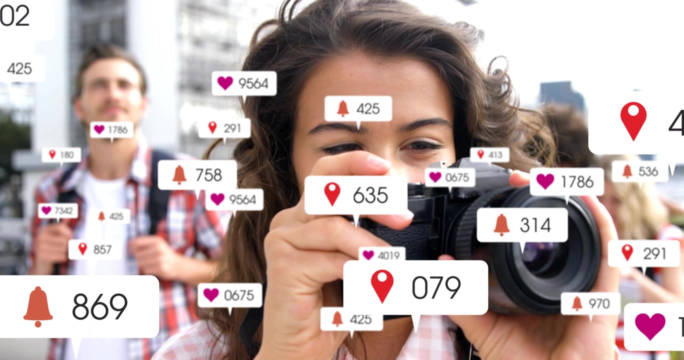 Woman raising DSLR and composing travel shot, initiating floating UI badges clustering on lens