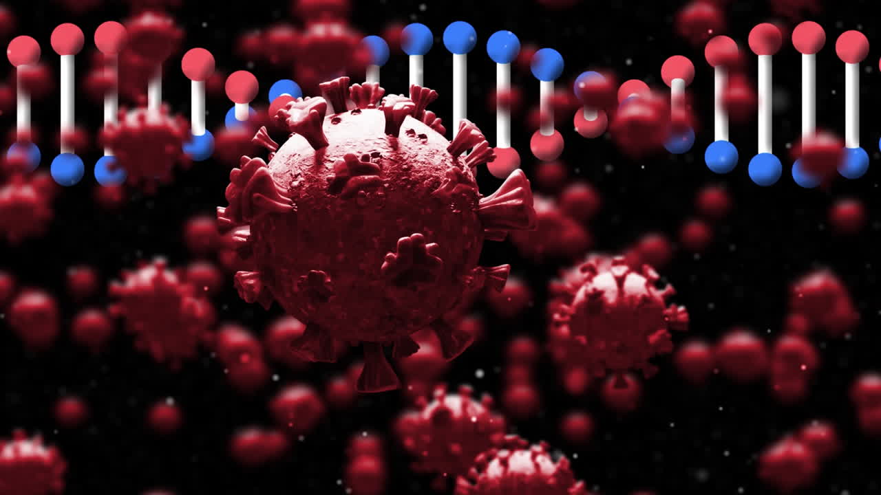 animación de la estructura del adn y las células de covid-19 girando contra un fondo negro
