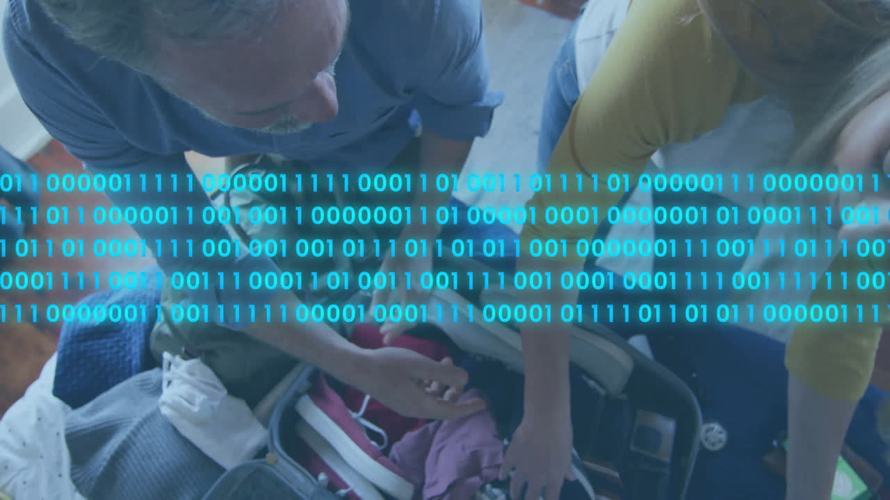 Binary code animation over people packing suitcase