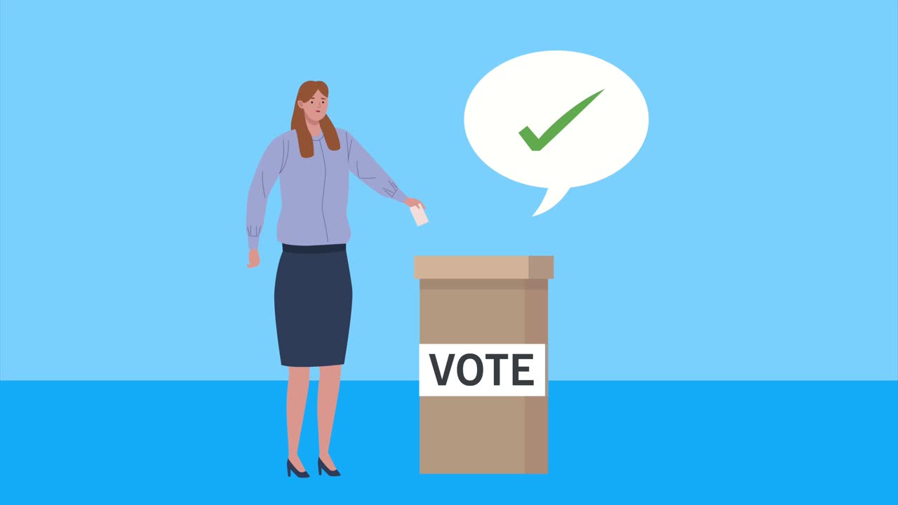 여성과 투표 상자를 가진 선거 날 애니메이션