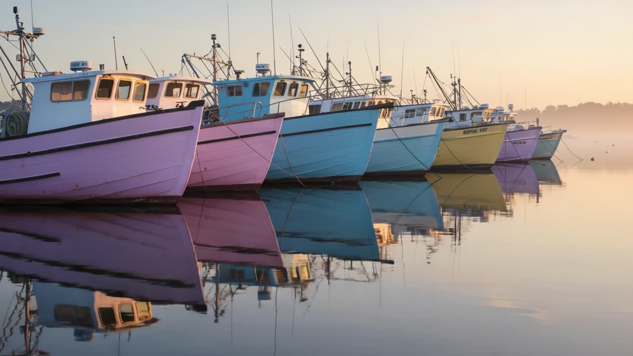 Vivaci Barche da Pesca Allineate in Acque Serene all'Alba, Mostrando Riflessi e Catturando la Bellezza di una Scena Mattutina Tranquilla