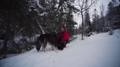 Männlicher-Wanderer-Macht-Im-Winter-In-Norwegen-Mit-Seinem-Begleiter-Alaskan-Malamute-Eine-Pause-Auf-Einem-Verschneiten-Berg