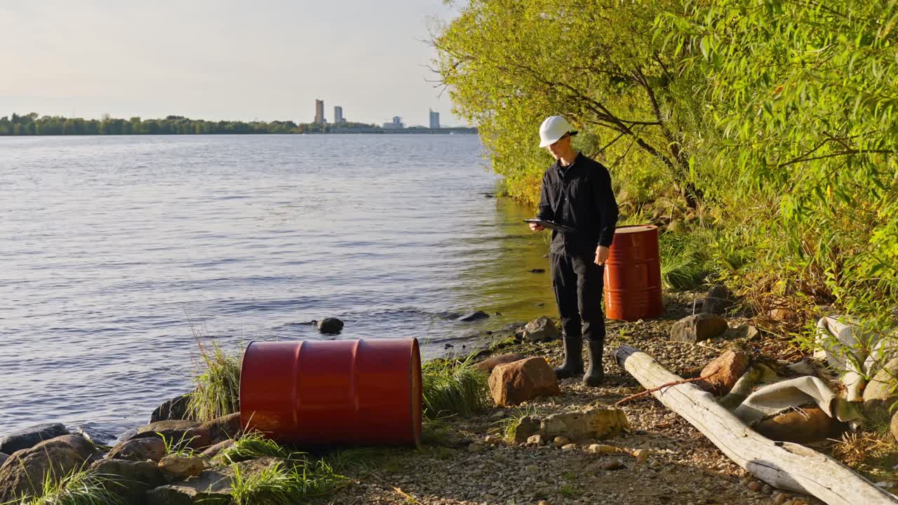 Scientist tests water pollution by a lake, highlighting environmental issues