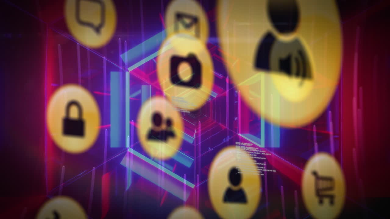 animación de iconos de usuario y tecnológicos sobre el túnel con luces de neón y procesamiento de datos