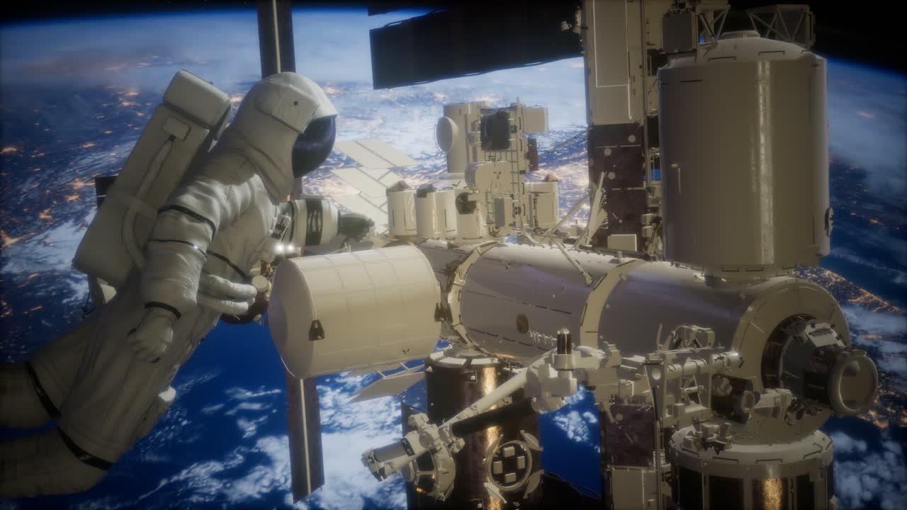 International Space Station and astronaut in outer space over the planet Earth