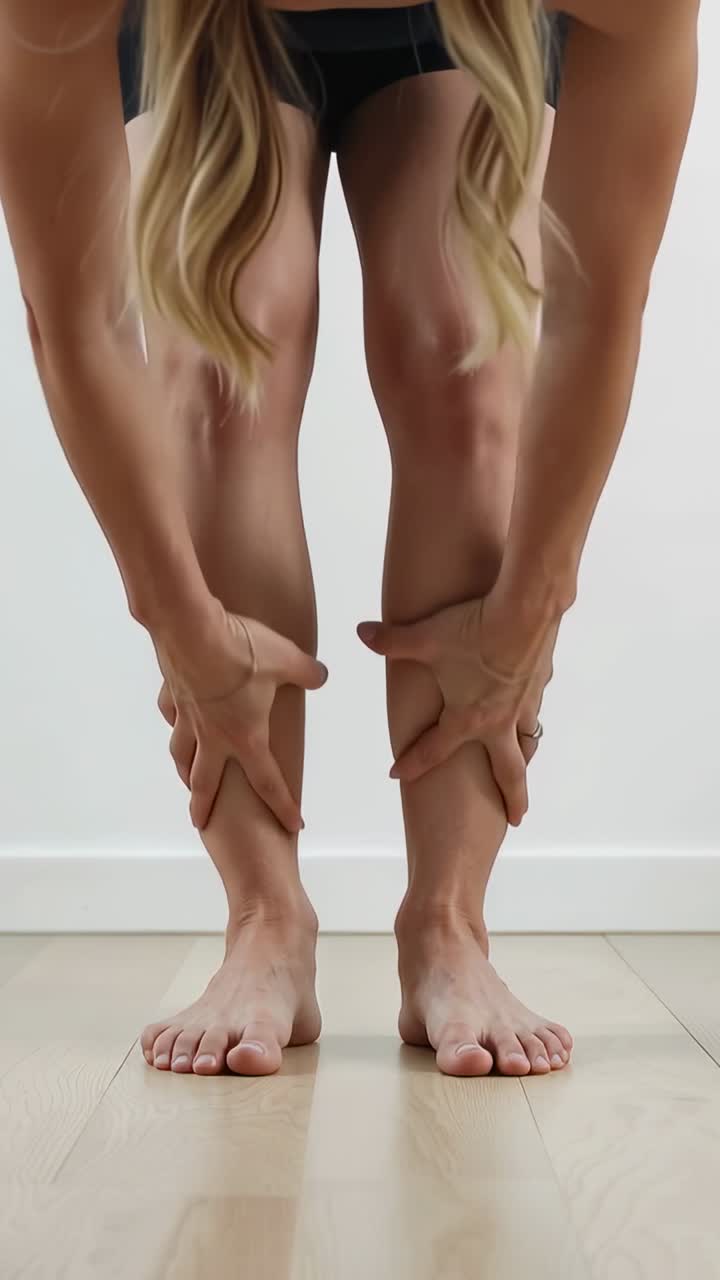 Vídeo vertical: Mulher começando com as mãos nos joelhos, dobrando e massageando as panturrilhas para a saúde em um piso de madeira