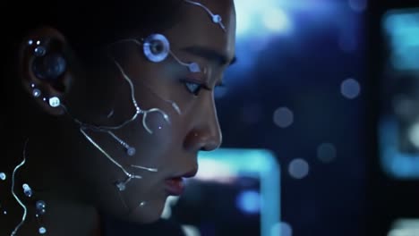 woman interacting with a futuristic digital interface
