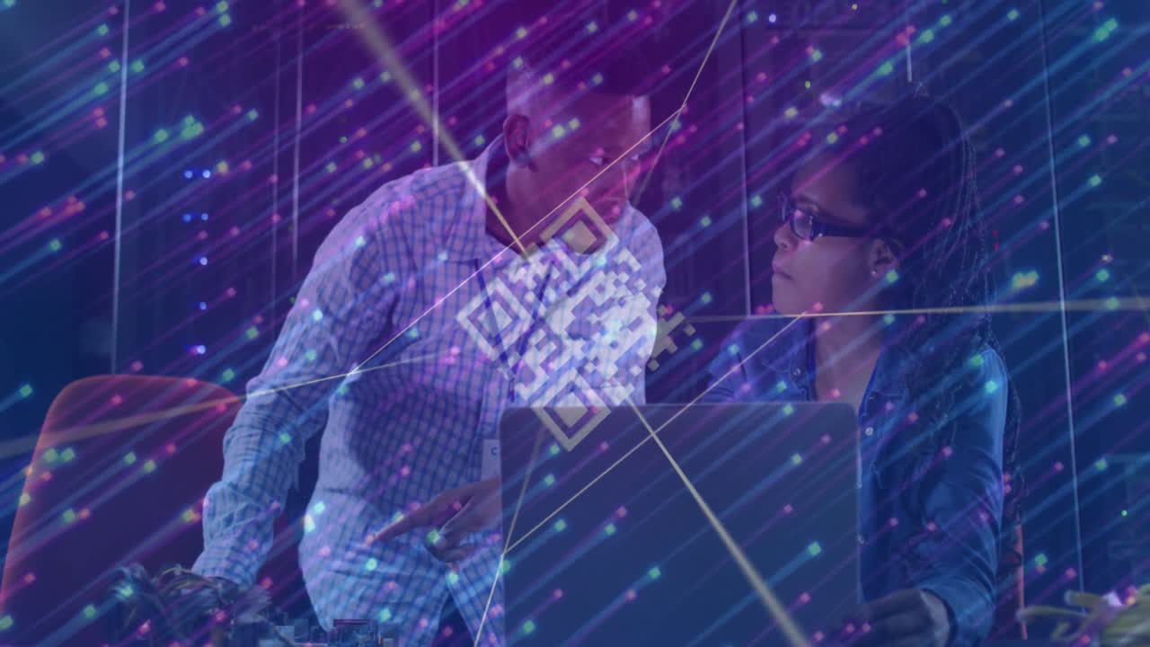 Animation of data processing over african american couple server room workers using laptop
