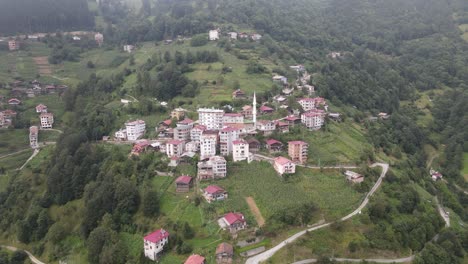 drone view of the town and mosque built on the hill, the settlement among the greenery