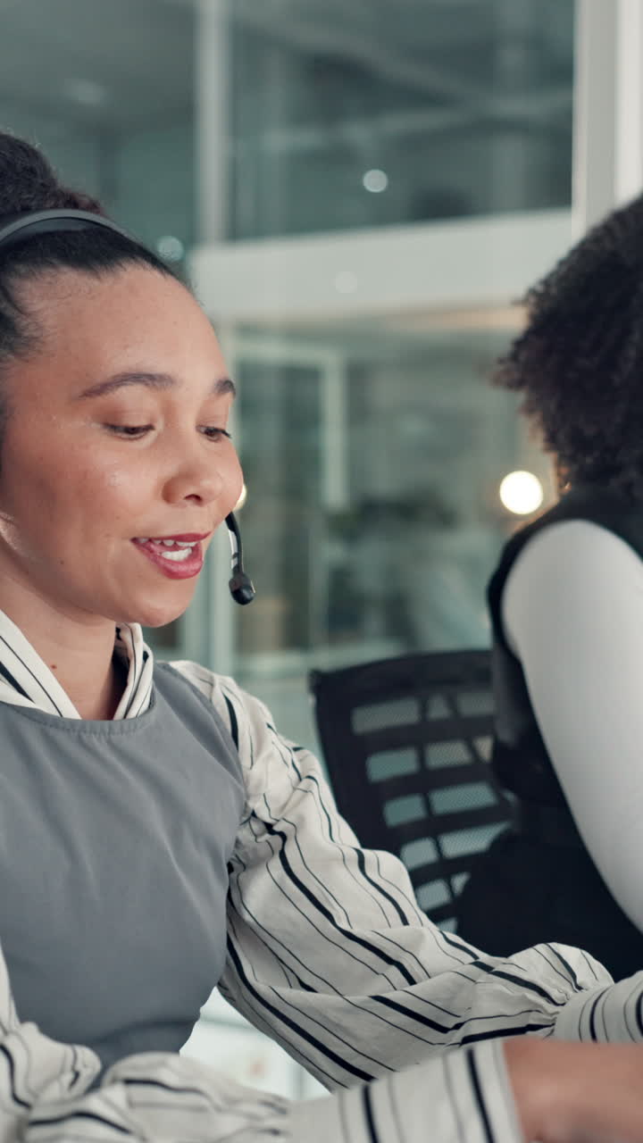 Professional Woman Wearing Headset Speaking in Call Center Office