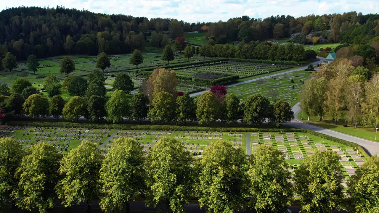 Aerial of Kviberg Cemetery in Gothenburg, Sweden, showing burial grounds of World War II war veterans