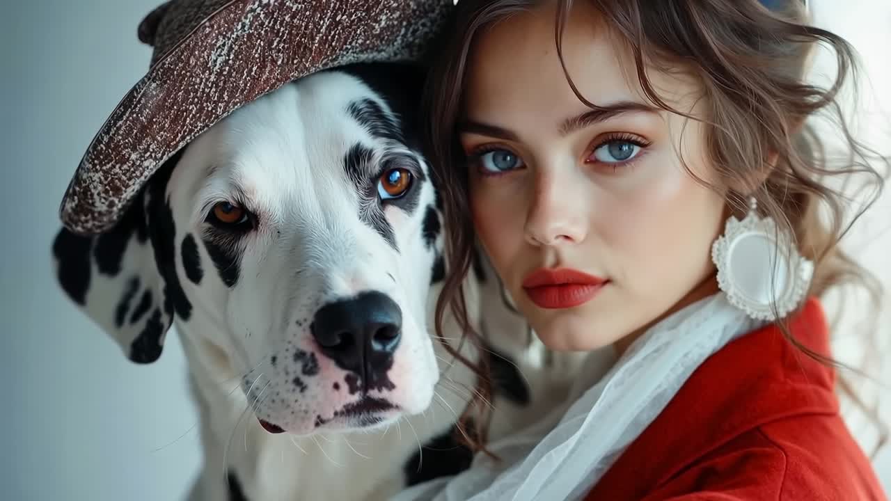 은 드레스와 모자를 입은 여자와 달마티아 개
