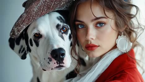 a woman in a red dress and hat with a dalmatian dog