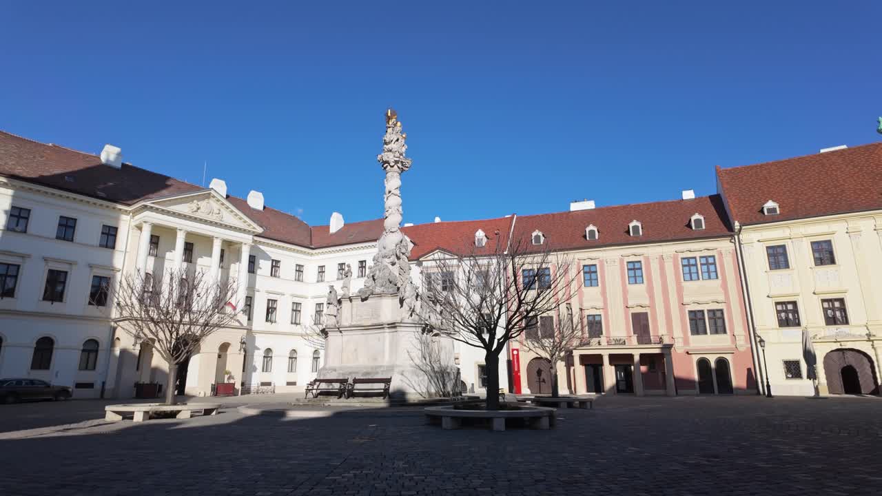 Static shot from Sopron Main Square with the Holy Trinity Statue and county hall in the background in Hungary.