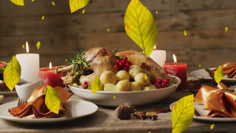 Animation-of-autumn-leaves-over-thanksgiving-dinner-background