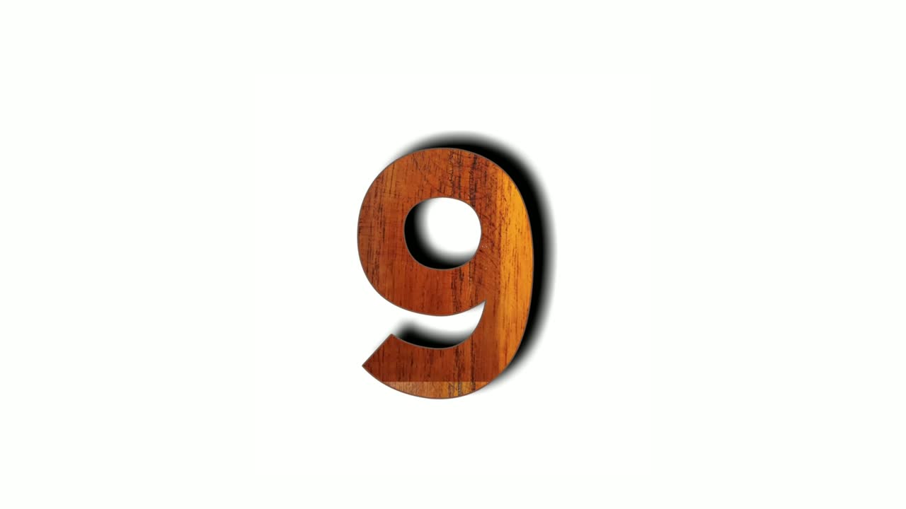 Wooden number nine 9 animation drop down isolated on white background. Motion graphics numbers sign symbol for video element