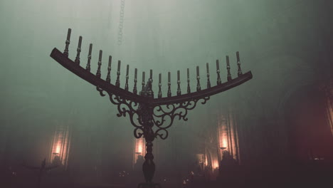 a close up shot of a large ornate metal candelabra with many candles lit in a dimly lit, foggy, gothic church or chapel