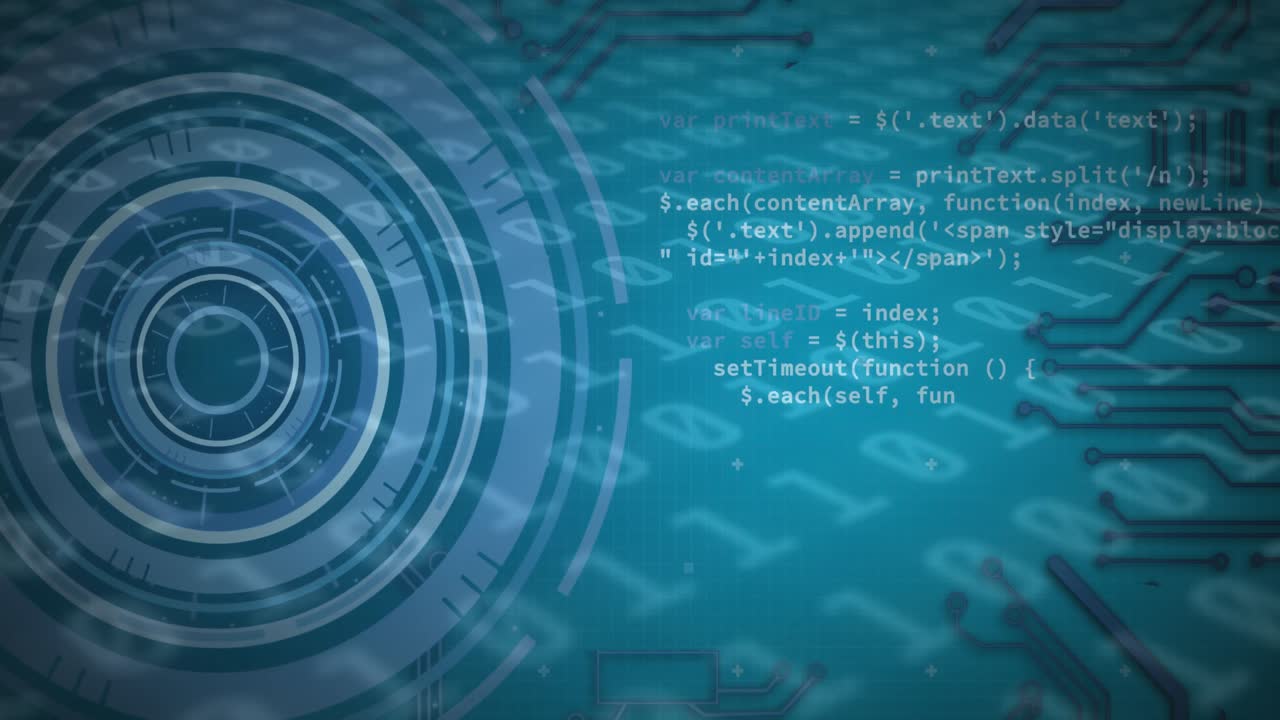 Animation of scope scanning and binary coding data processing over blue background