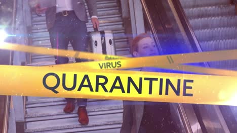 Yellow-police-tapes-with-Danger,-Virus-and-Quarantine-text-against-people-using-escalator