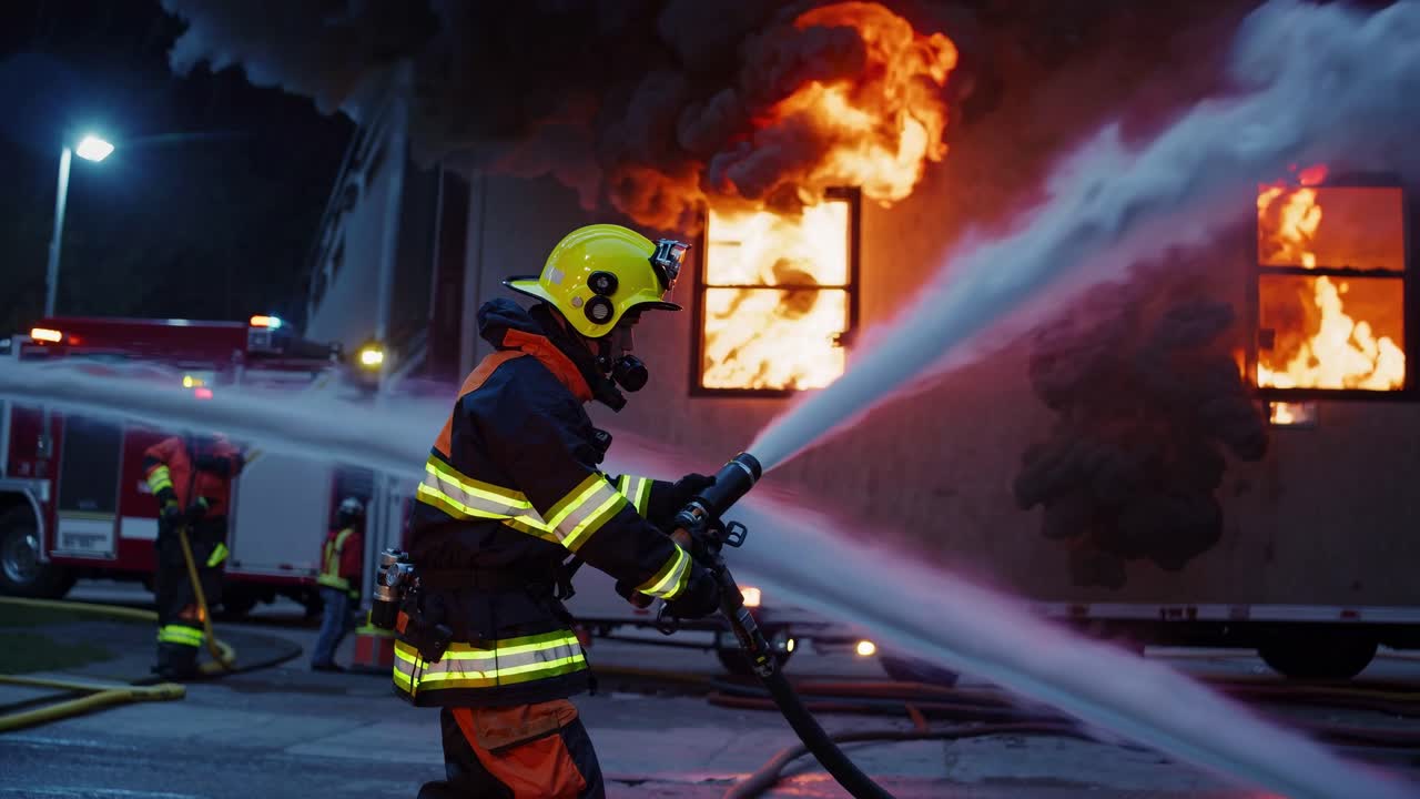Dramatic low-angle shot of firefighters battling a blaze at night, emphasizing action and urgency