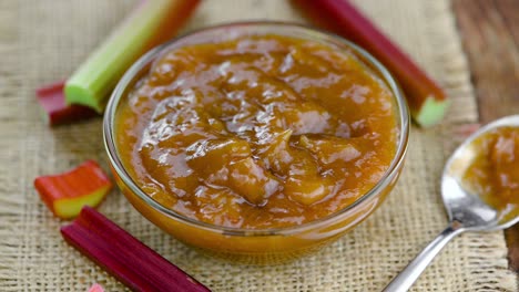 homemade rhubarb jam on a rotating plate (seamless loopable)