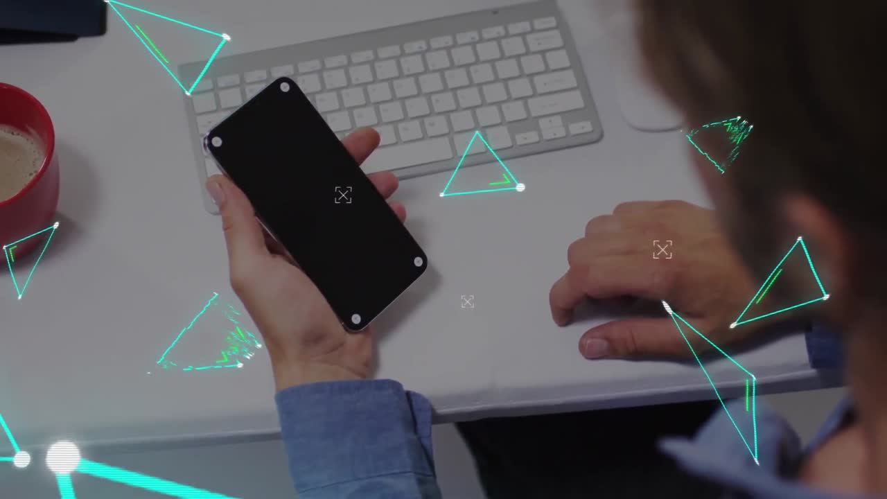 Animation of triangles and data processing over man using smartphone