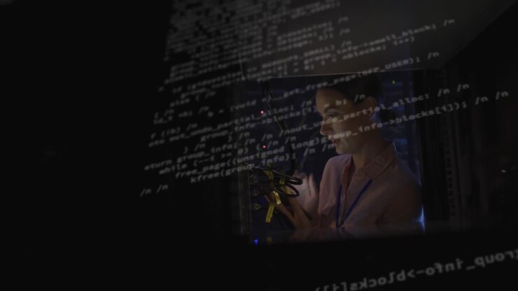 Animation af databehandling over kaukasisk kvindelig medarbejder i serverrum