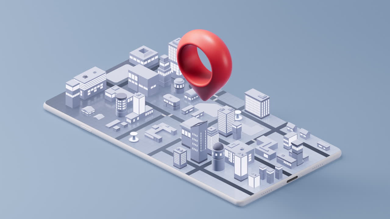 teléfono móvil con edificios de la ciudad en la pantalla, renderización 3d.