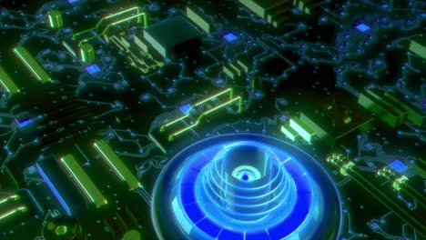placa de circuito brillante con un anillo azul en el centro