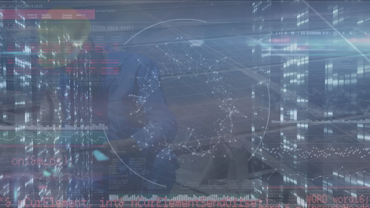 Animation of data processing on icons over network of connections