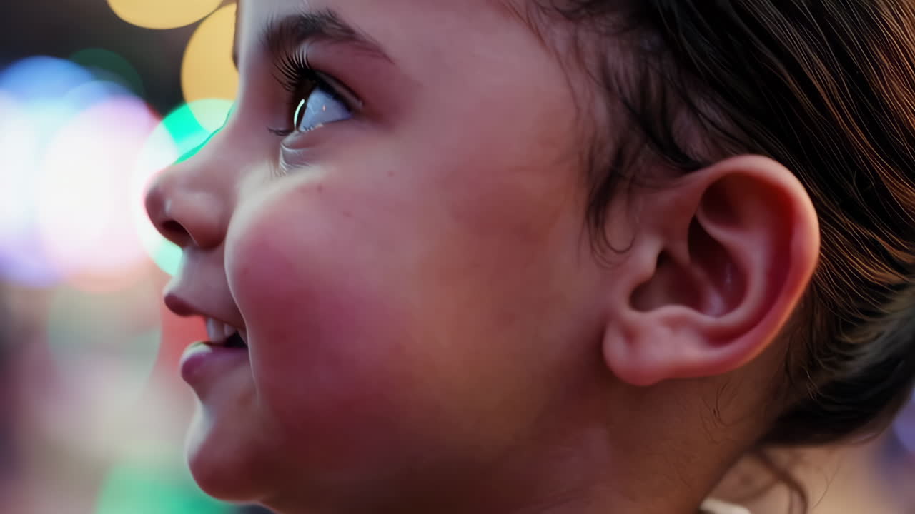 Close-up of a child's face with a happy expression, surrounded by lights