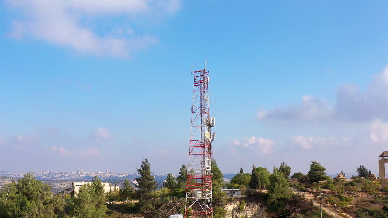 Aerial footage Close to Radio and cellular Antenna With blue sky