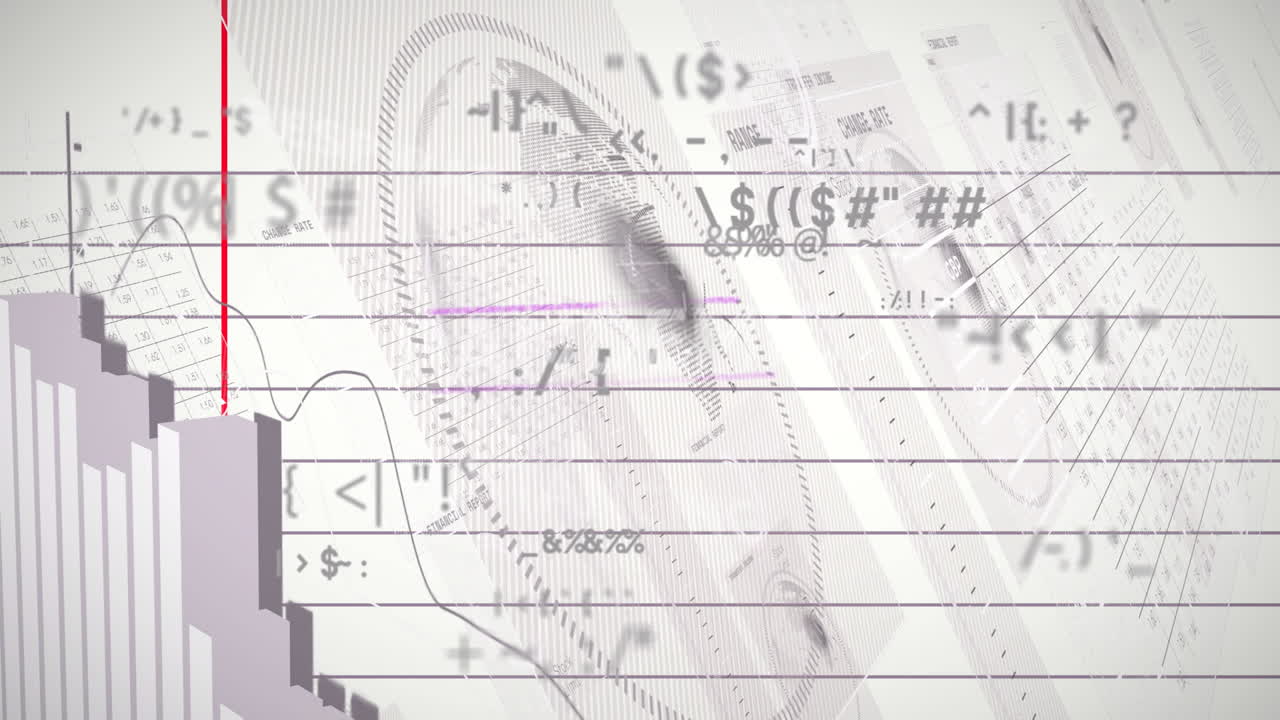 Animation of financial data and symbols overlaying grayscale graphs and charts