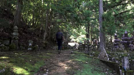 solo male backpacker walking along forest path in wakayama cemetery