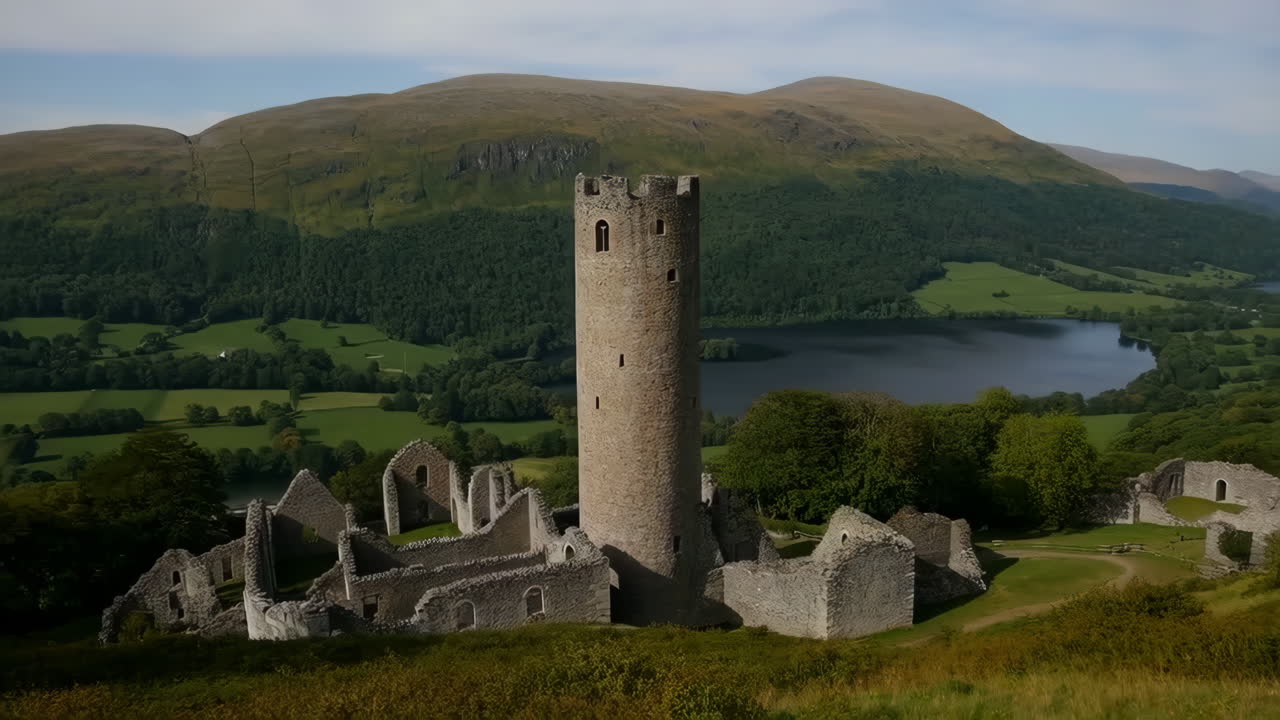 Historic Castle Ruins with Tower Overlooking a Lake and Mountains