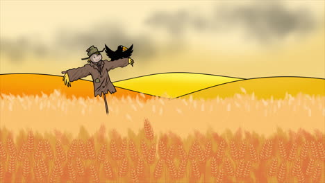 un espantapájaros de pie en un campo de trigo al atardecer