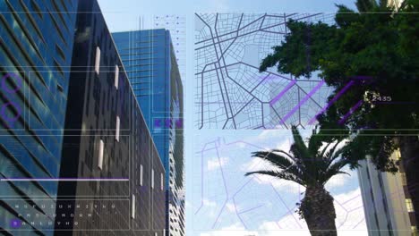 animación de círculos de carga, números cambiantes, patrón de navegación, vista en ángulo bajo de edificios