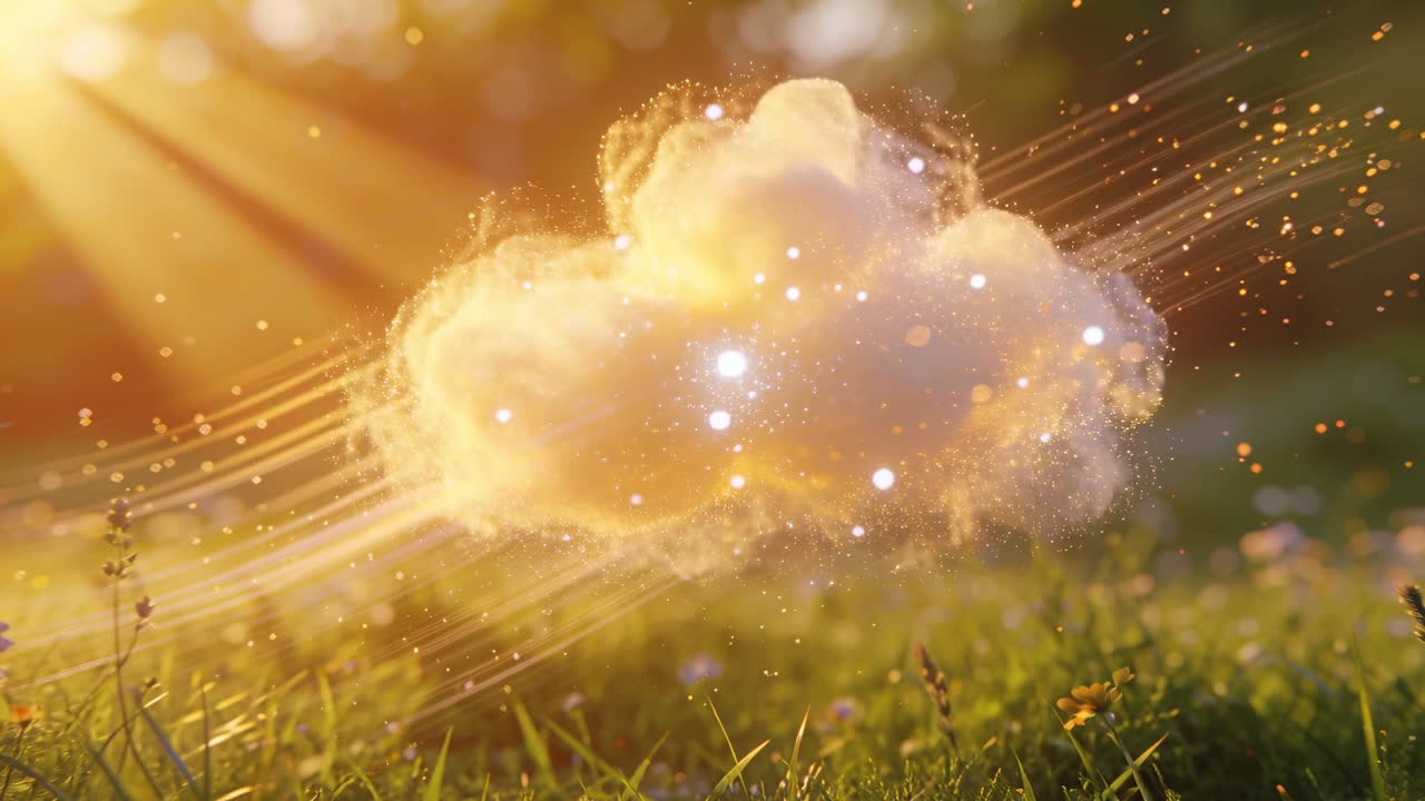 草原を滑る輝く雲に陽光が当たり、きらめきが流れ出す。デザイナーを支援するような光景。