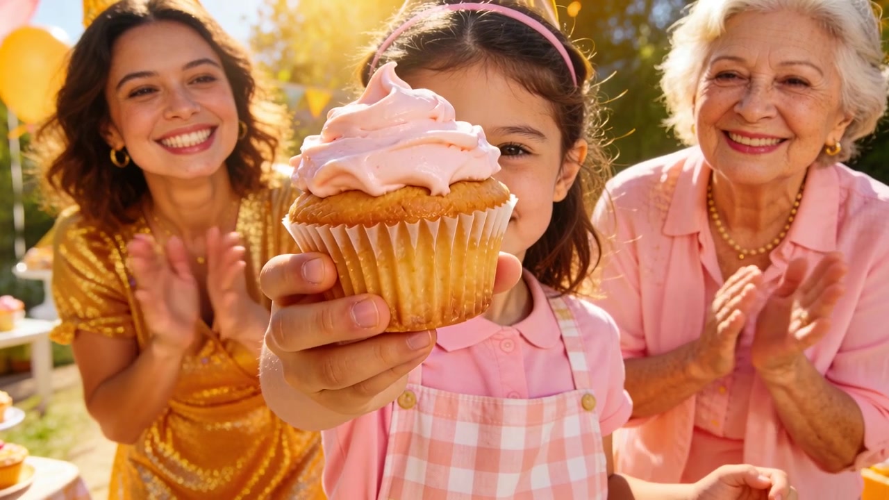 Un bambino con un grembiule rosa offre un cupcake per un compleanno mentre le donne applaudono, nel cortile.