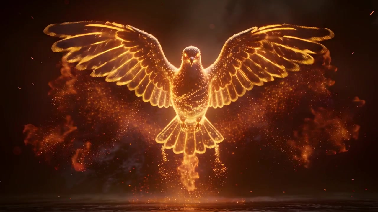 Un uccello formato dal fuoco che emerge, sollevandosi su una colonna di fiamma sopra una superficie a specchio in un vuoto fumoso.