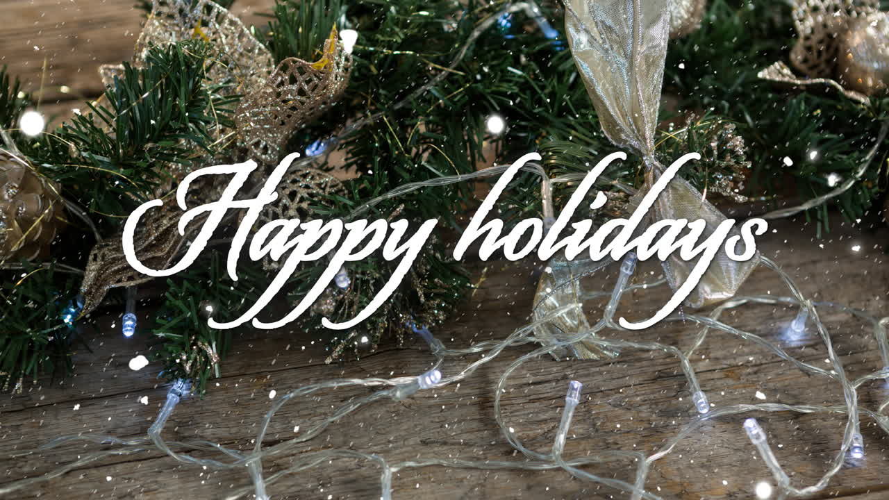 Animation of happy holidays text over snow falling with christmas decorations