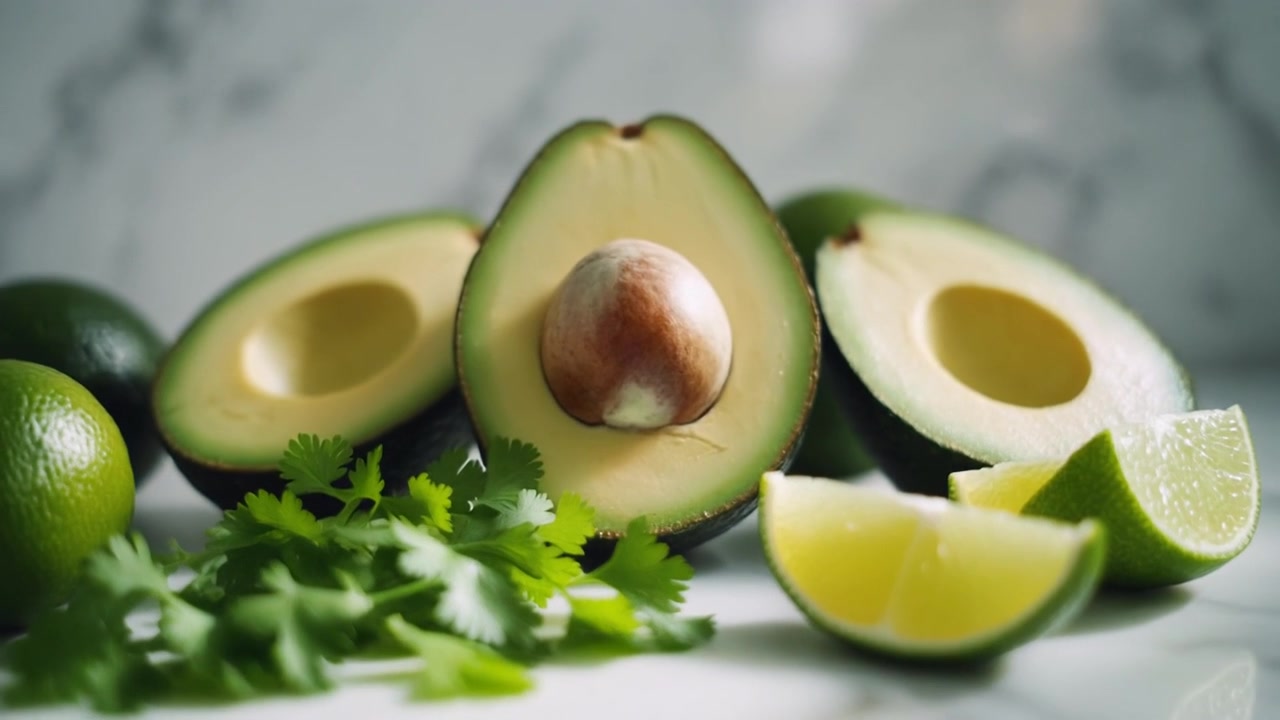 Avocado freschi, lime e coriandolo su una superficie di marmo