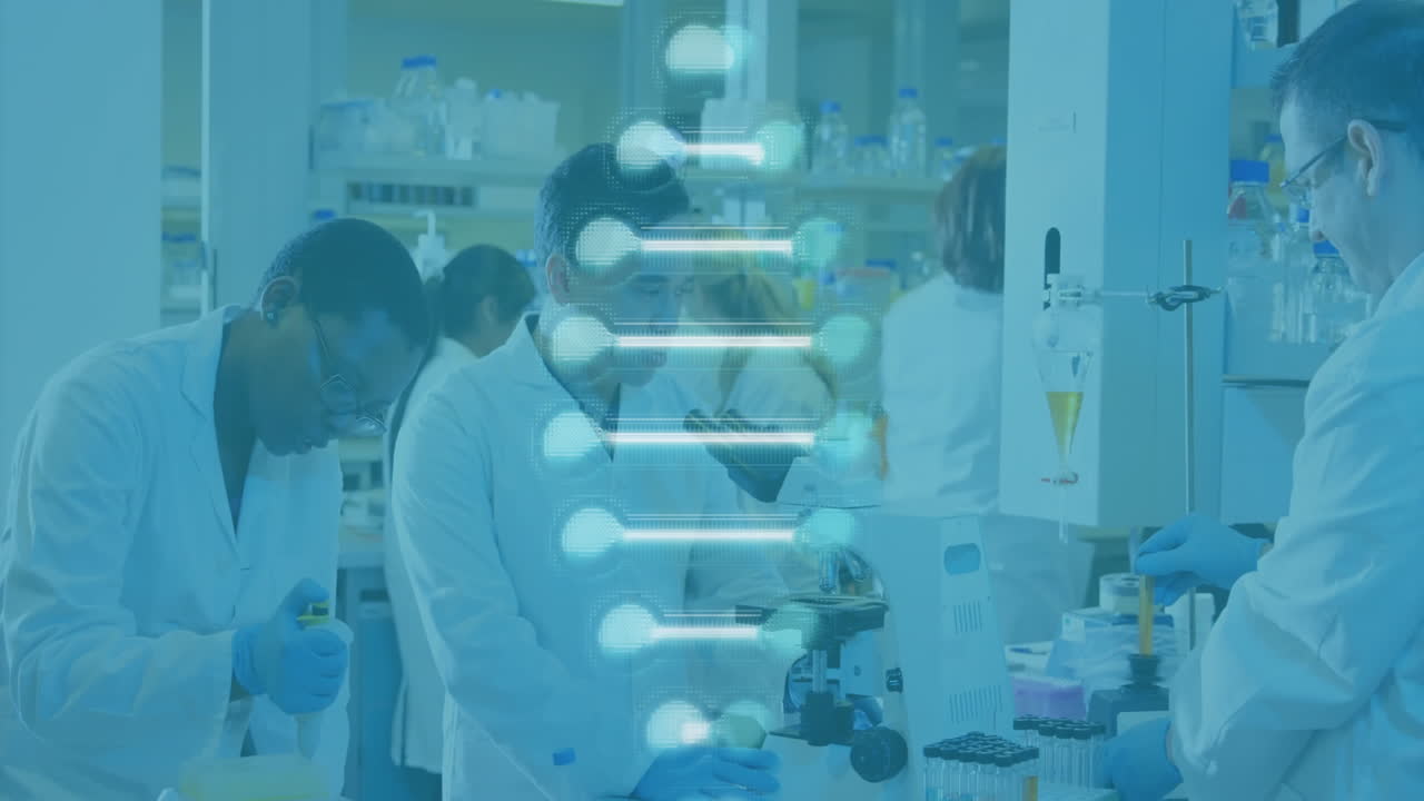 Animation of dna strand over diverse female scientists working in lab